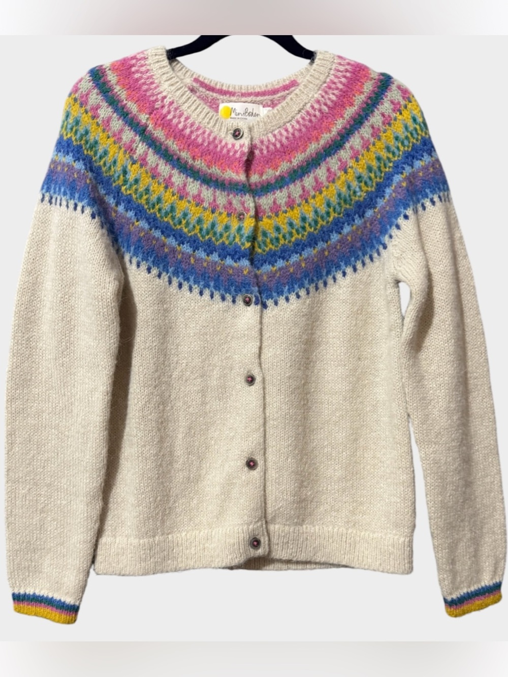 Mini Boden Edie Fair Isle Cardigan Girls 8-9Y 134 Ecru Multicolor Wool Blend